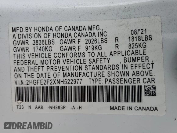 2022 Honda Civic Sedan LX with VIN 2HGFE2F2XNH522977, listed as a Copart auction lot 42727175 with 51,485 mi miles and Salvage Title. Bid and sale history available at carsss.com. Image 14.