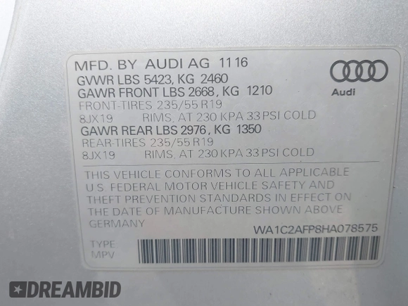 2017 Audi Q5 Premium с VIN WA1C2AFP8HA078575, выставлен на аукционе IAAI как лот 40857076 с пробегом 141 324 миль миль и . История ставок и продаж доступна на DreamBid. Изображение 9.