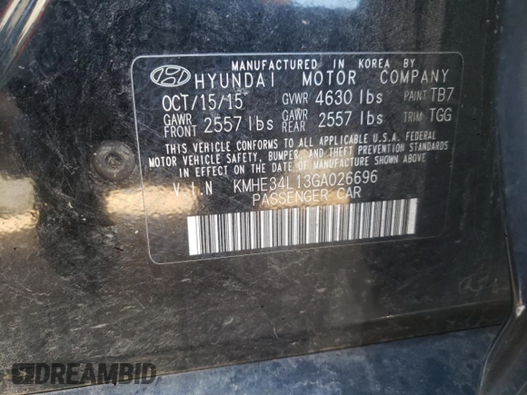 2016 Hyundai Sonata Hybrid Limited with VIN KMHE34L13GA026696, listed as a Copart auction lot 69354823 with 84,579 mi miles. Bid and sale history available at carsss.com. Image 13.