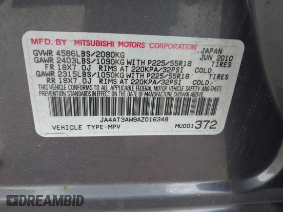 2010 Mitsubishi Outlander z VIN JA4AT3AW9AZ016348, wystawiony jako IAAI lot #42219377 z przebiegiem 104 414 mil mil oraz . Historia ofert i sprzedaży dostępna na DreamBid. Obrazek 9.