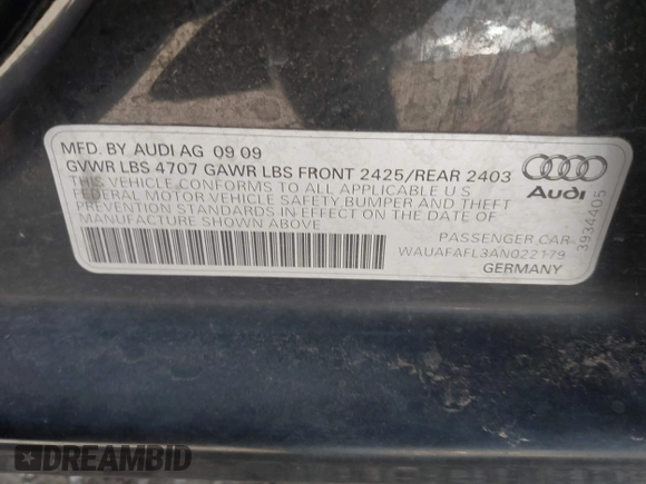 2010 Audi A4 2.0T Premium with VIN WAUAFAFL3AN022179, listed as a IAAI auction lot 41826716 with 147,286 mi miles. Bid and sale history available at carsss.com. Image 9.