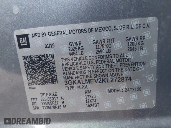 2019 GMC Terrain SLE with VIN 3GKALMEV2KL272874, listed as a IAAI auction lot 42349911 with 84,080 mi miles and . Bid and sale history available at DreamBid. Image 9.