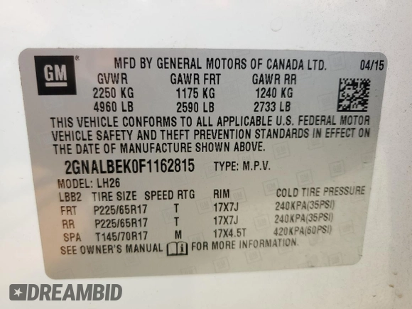 2015 Chevrolet Equinox LT with VIN 2GNALBEK0F1162815, listed as a Copart auction lot 52547925 with 70,224 mi miles and Salvage Title. Bid and sale history available at carsss.com. Image 16.