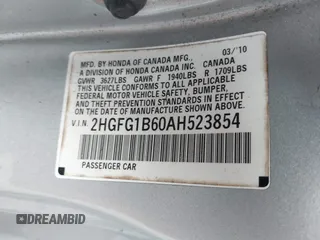 2010 Honda Civic Cpe LX with VIN 2HGFG1B60AH523854, listed as a IAAI auction lot 41953070 with 308,179 mi miles. Bid and sale history available at carsss.com. Image 9.