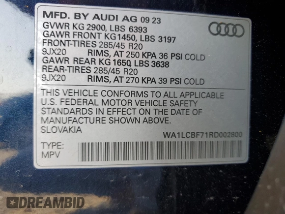 2024 Audi Q7 Premium Plus with VIN WA1LCBF71RD002800, listed as a Copart auction lot 67701204 with 4,920 mi miles and Salvage title. Bid and sale history available at DreamBid. Image 13.