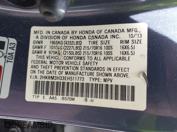2014 Honda CR-V LX with VIN 2HKRM3H33EH511773, listed as a IAAI auction lot 41847425 with 159,622 mi miles. Bid and sale history available at carsss.com. Image 9.