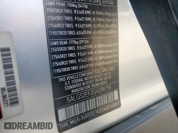 2016 Land Rover Range Rover Supercharged with VIN SALGS2EF2GA298758, listed as a Copart auction lot 65186495 with 98,998 mi miles and Clean title. Bid and sale history available at DreamBid. Image 13.