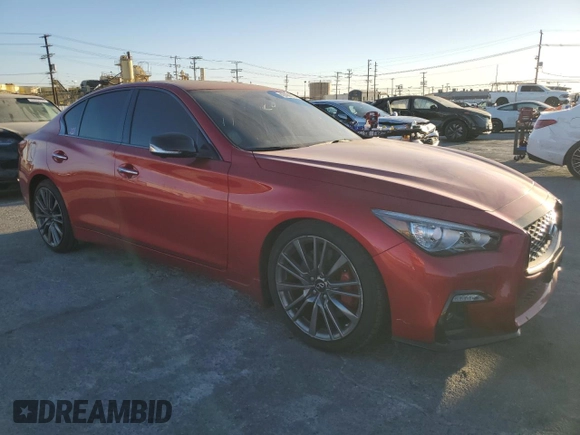 2021 Infiniti Q50 Red Sport 400 with VIN JN1FV7DP4MM850257, listed as a Copart auction lot 42459615 with 46,003 mi miles and Salvage Title. Bid and sale history available at DreamBid. Image 4.
