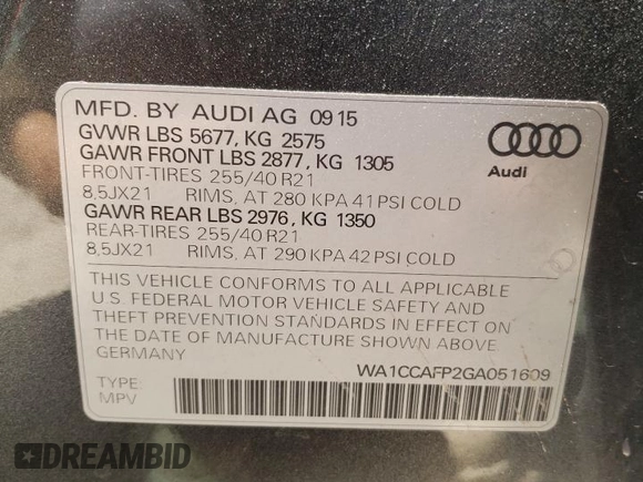 2016 Audi SQ5 Premium Plus with VIN WA1CCAFP2GA051609, listed as a Copart auction lot 65063263 with 86,412 mi miles. Bid and sale history available at carsss.com. Image 14.