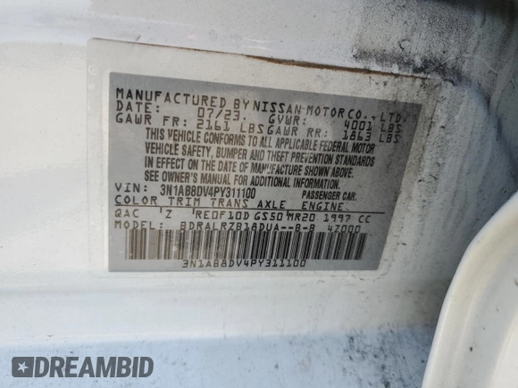 2023 Nissan Sentra SR with VIN 3N1AB8DV4PY311100, listed as a Copart auction lot 47260035 with 37,695 mi miles and Salvage Title. Bid and sale history available at DreamBid. Image 12.