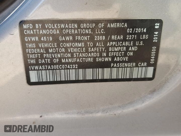 2014 Volkswagen Passat Wolfsburg Edition with VIN 1VWAS7A30EC074232, listed as a Copart auction lot 86975554 with 197,060 mi miles and Salvage title. Bid and sale history available at DreamBid. Image 14.