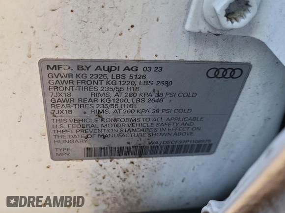 2023 Audi Q3 S line Premium with VIN WA1DECF37P1108975, listed as a IAAI auction lot 42796417 with 58,193 mi miles and . Bid and sale history available at DreamBid. Image 17.