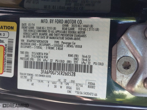 2014 Ford Fusion S with VIN 3FA6P0G75ER260528, listed as a IAAI auction lot 41847747 with 159,354 mi miles. Bid and sale history available at carsss.com. Image 9.