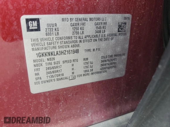 2017 GMC Acadia SLE z VIN 1GKKNKLA3HZ161948, wystawiony jako Copart lot #54474535 z przebiegiem 129 996 mil mil oraz Szkoda całkowita • Salvage title. Historia ofert i sprzedaży dostępna na DreamBid. Obrazek 13.