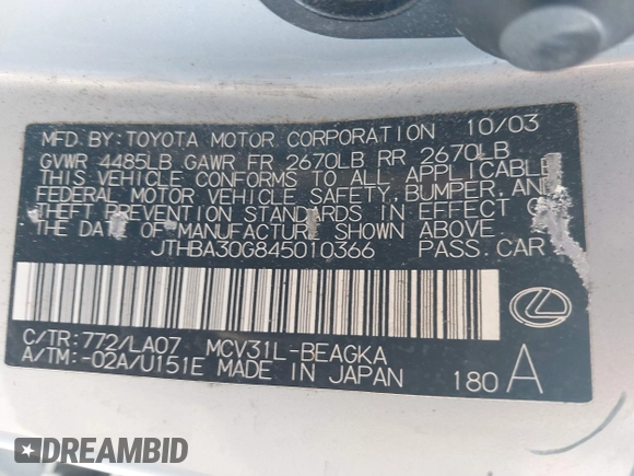 2004 Lexus ES 350 с VIN JTHBA30G845010366, выставлен на аукционе IAAI как лот 41569444 с пробегом 144 879 миль миль и . История ставок и продаж доступна на DreamBid. Изображение 9.