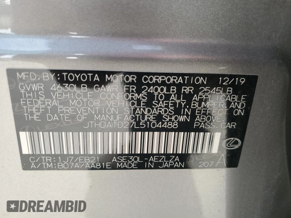 2020 Lexus IS 300 with VIN JTHDA1D27L5104488, listed as a Copart auction lot 44104294 with 67,728 mi miles and . Bid and sale history available at DreamBid. Image 15.
