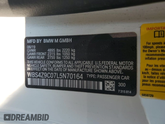 2020 BMW M4 with VIN WBS4Z9C07L5N70164, listed as a Copart auction lot 70421634 with 24,473 mi miles and Salvage Title. Bid and sale history available at carsss.com. Image 12.