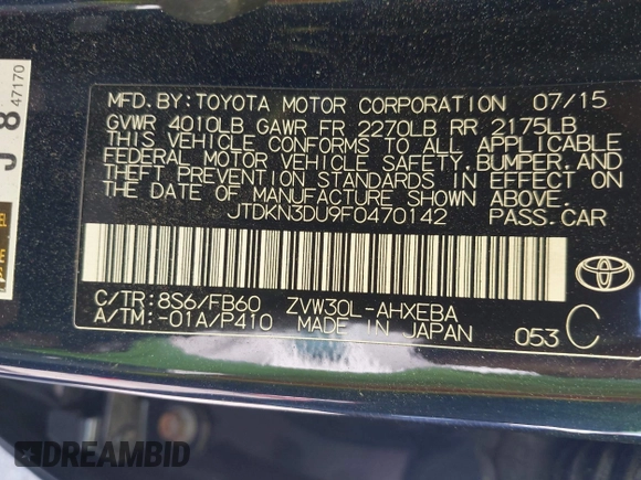 2015 Toyota Prius Four with VIN JTDKN3DU9F0470142, listed as a IAAI auction lot 41965341 with 51,807 mi miles. Bid and sale history available at carsss.com. Image 9.