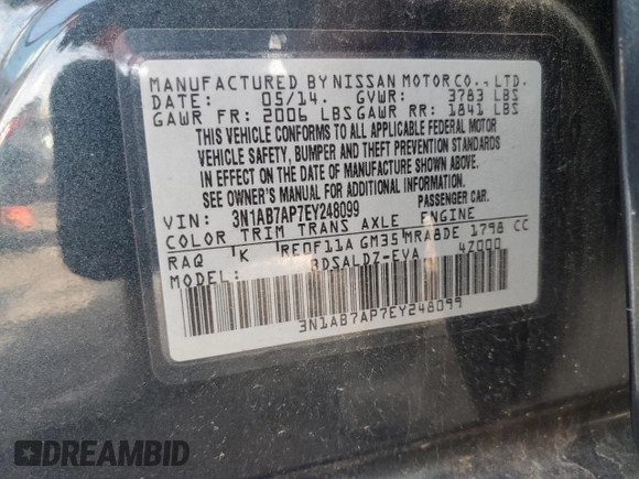 2014 Nissan Sentra S with VIN 3N1AB7AP7EY248099, listed as a Copart auction lot 54675805 with 111,642 mi miles and Salvage Title. Bid and sale history available at DreamBid. Image 12.