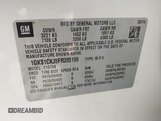 2015 GMC Yukon Denali with VIN 1GKS1CKJ5FR285199, listed as a IAAI auction lot 41763187 with 135,265 mi miles. Bid and sale history available at carsss.com. Image 9.