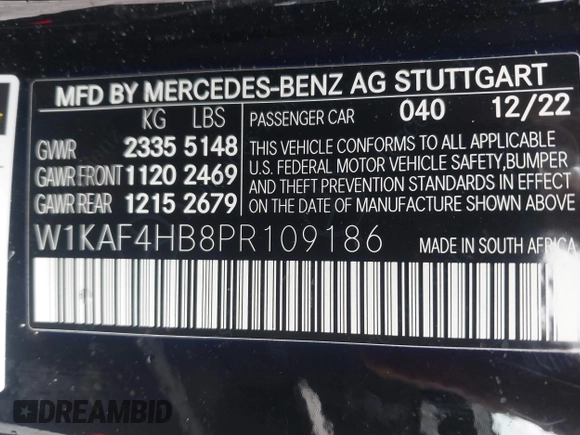 2023 Mercedes-Benz C 300 with VIN W1KAF4HB8PR109186, listed as a IAAI auction lot 41966598 with 22,937 mi miles and . Bid and sale history available at DreamBid. Image 9.