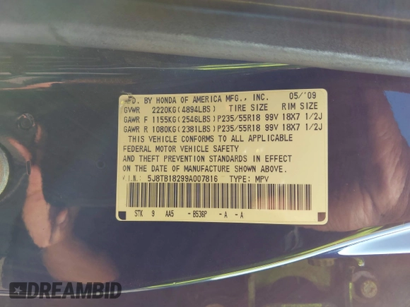 2009 Acura RDX with VIN 5J8TB18299A007816, listed as a IAAI auction lot 42311817 with Not provided miles and . Bid and sale history available at DreamBid. Image 9.