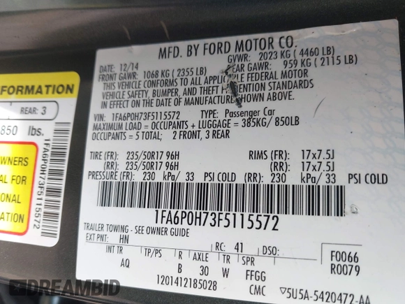 2015 Ford Fusion SE with VIN 1FA6P0H73F5115572, listed as a IAAI auction lot 41985171 with Not Provided miles and . Bid and sale history available at DreamBid. Image 9.