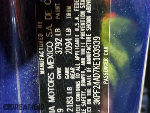 2019 Kia Forte LXS with VIN 3KPF24AD7KE103939, listed as a Copart auction lot 44465685 with 34,497 mi miles and Salvage Title. Bid and sale history available at carsss.com. Image 12.