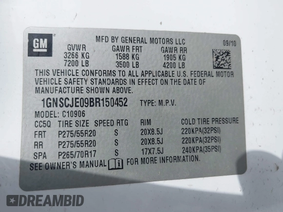 2011 Chevrolet Suburban LT with VIN 1GNSCJE09BR150452, listed as a IAAI auction lot 42655961 with 208,311 mi miles and . Bid and sale history available at DreamBid. Image 9.