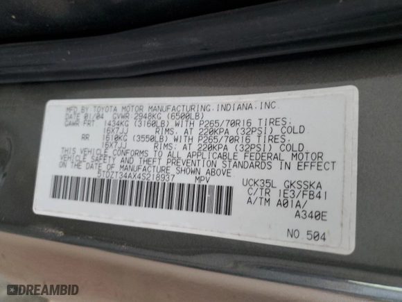 2004 Toyota Sequoia SR5 with VIN 5TDZT34AX4S218937, listed as a Copart auction lot 88211735 with 0 mi miles and Salvage Title. Bid and sale history available at carsss.com. Image 13.