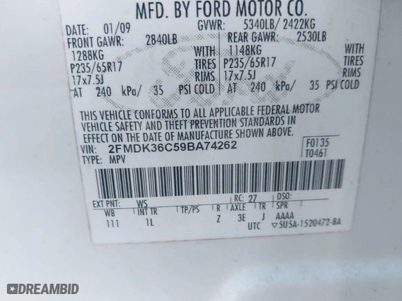 2009 Ford Edge SE with VIN 2FMDK36C59BA74262, listed as a IAAI auction lot 41651540 with 309,989 mi miles. Bid and sale history available at carsss.com. Image 9.