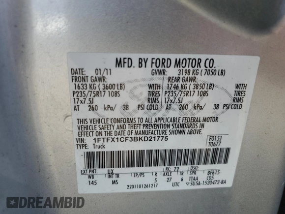 2011 Ford F-150 XL with VIN 1FTFX1CF3BKD21775, listed as a Copart auction lot 45955415 with 127,997 mi miles and Salvage Title. Bid and sale history available at carsss.com. Image 12.