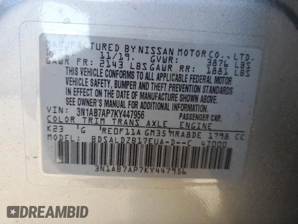 2019 Nissan Sentra SV with VIN 3N1AB7AP7KY447956, listed as a Copart auction lot 43053565 with 128,135 mi miles and Non Repairable. Bid and sale history available at DreamBid. Image 15.