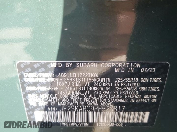 2023 Subaru Forester Touring with VIN JF2SKARC9PH528817, listed as a Copart auction lot 85892314 with 4,399 mi miles and Salvage Title. Bid and sale history available at carsss.com. Image 12.