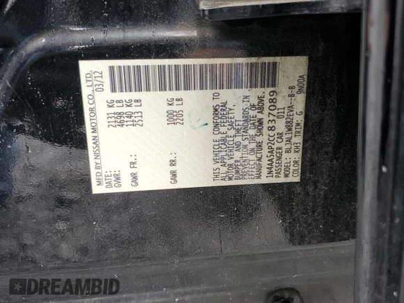 2012 Nissan Maxima SV z VIN 1N4AA5AP2CC837089, wystawiony jako Copart lot #55920465 z przebiegiem 112 431 mil mil oraz Szkoda całkowita • Salvage title. Historia ofert i sprzedaży dostępna na DreamBid. Obrazek 12.
