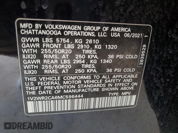 2021 Volkswagen Atlas SE with VIN 1V2WR2CA6MC596444, listed as a Copart auction lot 57615625 with 56,749 mi miles and Salvage title. Bid and sale history available at DreamBid. Image 13.