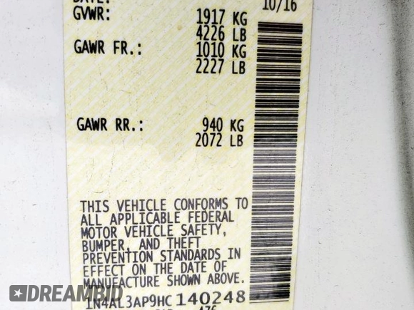 2017 Nissan Altima SV z VIN 1N4AL3AP9HC140248, wystawiony jako Copart lot #59515895 z przebiegiem 117 755 mil mil oraz Szkoda całkowita • Salvage title. Historia ofert i sprzedaży dostępna na DreamBid. Obrazek 12.