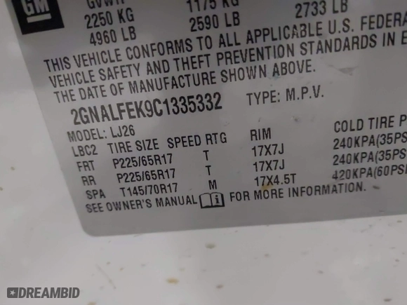 2012 Chevrolet Equinox LTZ with VIN 2GNALFEK9C1335332, listed as a IAAI auction lot 41632295 with 143,293 mi miles. Bid and sale history available at carsss.com. Image 9.