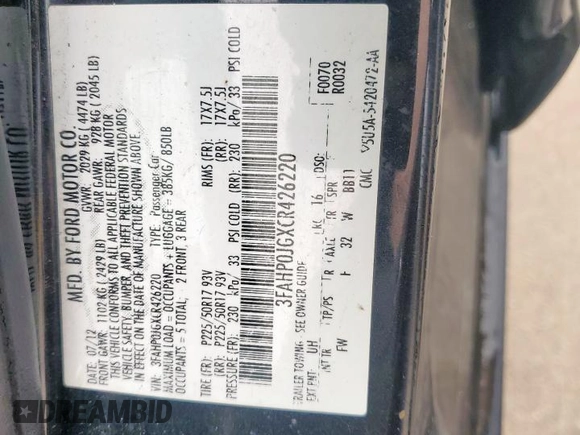 2012 Ford Fusion SEL z VIN 3FAHP0JGXCR426220, wystawiony jako Copart lot #59346985 z przebiegiem 151 397 mil mil oraz Szkoda całkowita • Salvage title. Historia ofert i sprzedaży dostępna na DreamBid. Obrazek 12.
