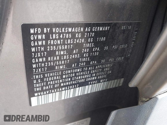 2010 Volkswagen Tiguan SEL with VIN WVGAV7AX3AW529317, listed as a IAAI auction lot 42059046 with Not provided miles and . Bid and sale history available at DreamBid. Image 9.