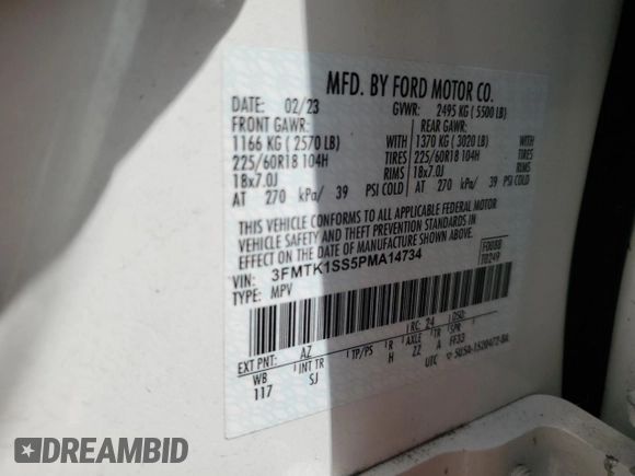 2023 Ford Mustang Mach-E Select with VIN 3FMTK1SS5PMA14734, listed as a Copart auction lot 59740115 with Not provided miles and Salvage title. Bid and sale history available at DreamBid. Image 13.