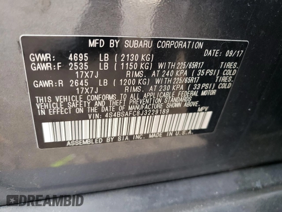 2018 Subaru Outback Premium z VIN 4S4BSAFC8J3229189, wystawiony jako Copart lot #57778935 z przebiegiem 78 830 mil mil oraz Szkoda całkowita • Salvage title. Historia ofert i sprzedaży dostępna na DreamBid. Obrazek 13.