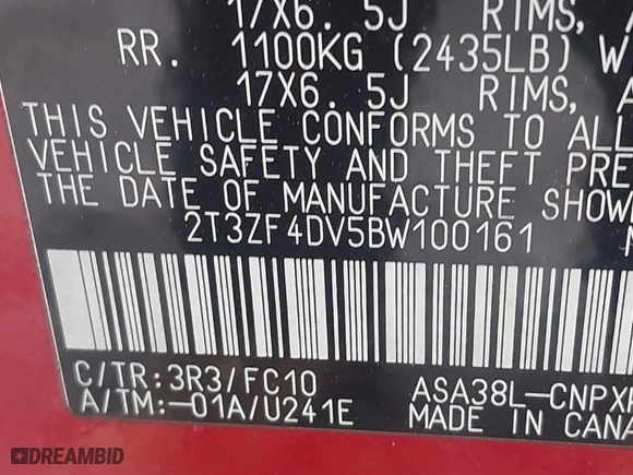 2011 Toyota RAV4 with VIN 2T3ZF4DV5BW100161, listed as a IAAI auction lot 41810505 with 161,992 mi miles. Bid and sale history available at carsss.com. Image 9.