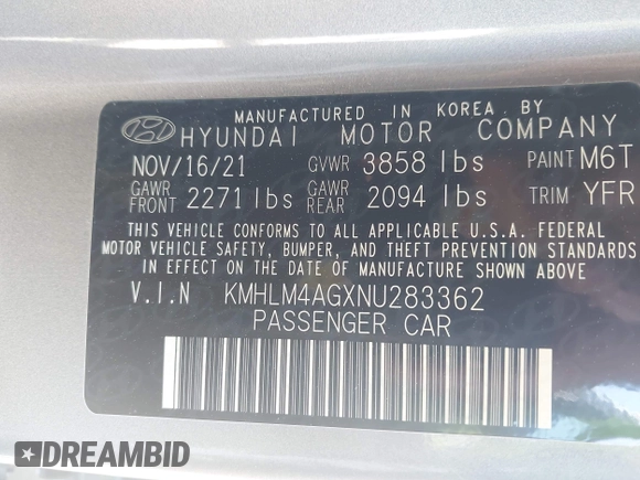 2022 Hyundai Elantra SEL with VIN KMHLM4AGXNU283362, listed as a IAAI auction lot 41981190 with 23,575 mi miles and . Bid and sale history available at DreamBid. Image 9.