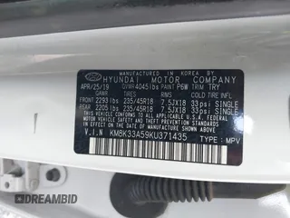 2019 Hyundai Kona Limited with VIN KM8K33A59KU371435, listed as a IAAI auction lot 41217772 with 72,454 mi miles. Bid and sale history available at carsss.com. Image 9.