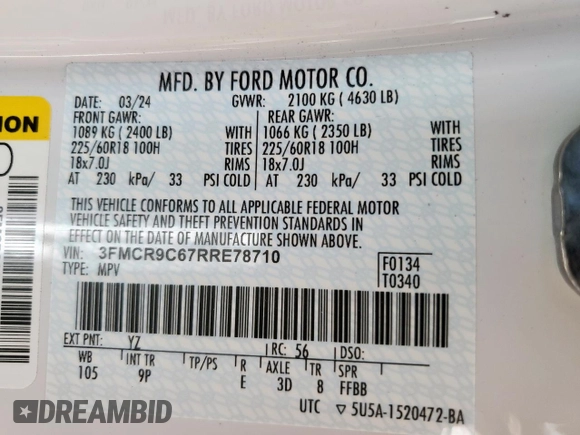 2024 Ford Bronco Sport Outer Banks with VIN 3FMCR9C67RRE78710, listed as a Copart auction lot 61054165 with 13,005 mi miles and Salvage title. Bid and sale history available at DreamBid. Image 13.