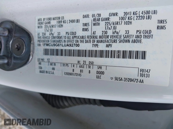 2020 Ford Escape SE with VIN 1FMCU9G61LUA92700, listed as a IAAI auction lot 42199228 with 97,463 mi miles and . Bid and sale history available at DreamBid. Image 9.