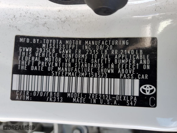 2021 Toyota Corolla LE with VIN 5YFEPMAE3MP158573, listed as a Copart auction lot 50187285 with 66,323 mi miles and Salvage Title. Bid and sale history available at carsss.com. Image 14.