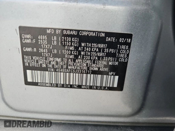 2018 Subaru Outback Premium with VIN 4S4BSAFC5J3316712, listed as a Copart auction lot 65372955 with 133,141 mi miles and Clean title. Bid and sale history available at DreamBid. Image 13.