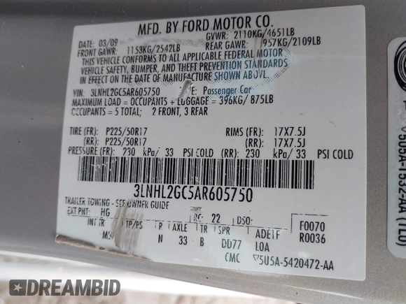 2010 Lincoln MKZ z VIN 3LNHL2GC5AR605750, wystawiony jako IAAI lot #41542836 z przebiegiem 146 347 mil mil oraz . Historia ofert i sprzedaży dostępna na DreamBid. Obrazek 9.